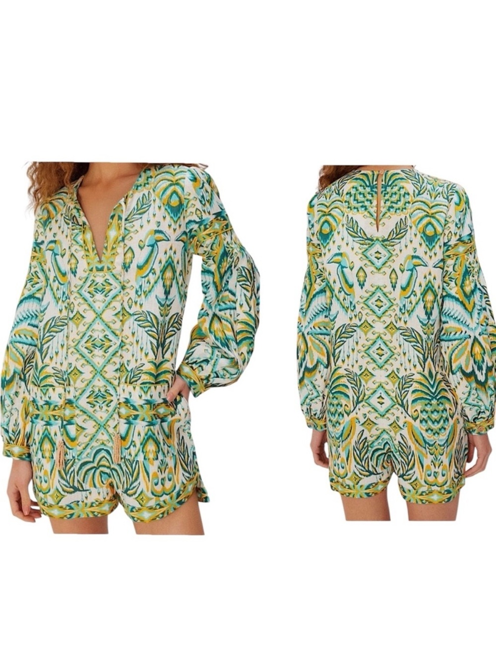 Farm Rio Tropical Tapestry Boho Linen Resort Romper Sz XXS NWT